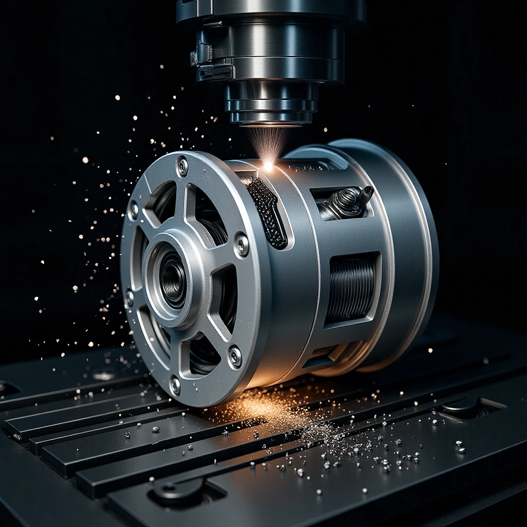 5-axis machining center cutting a complex aluminum part in a single setup