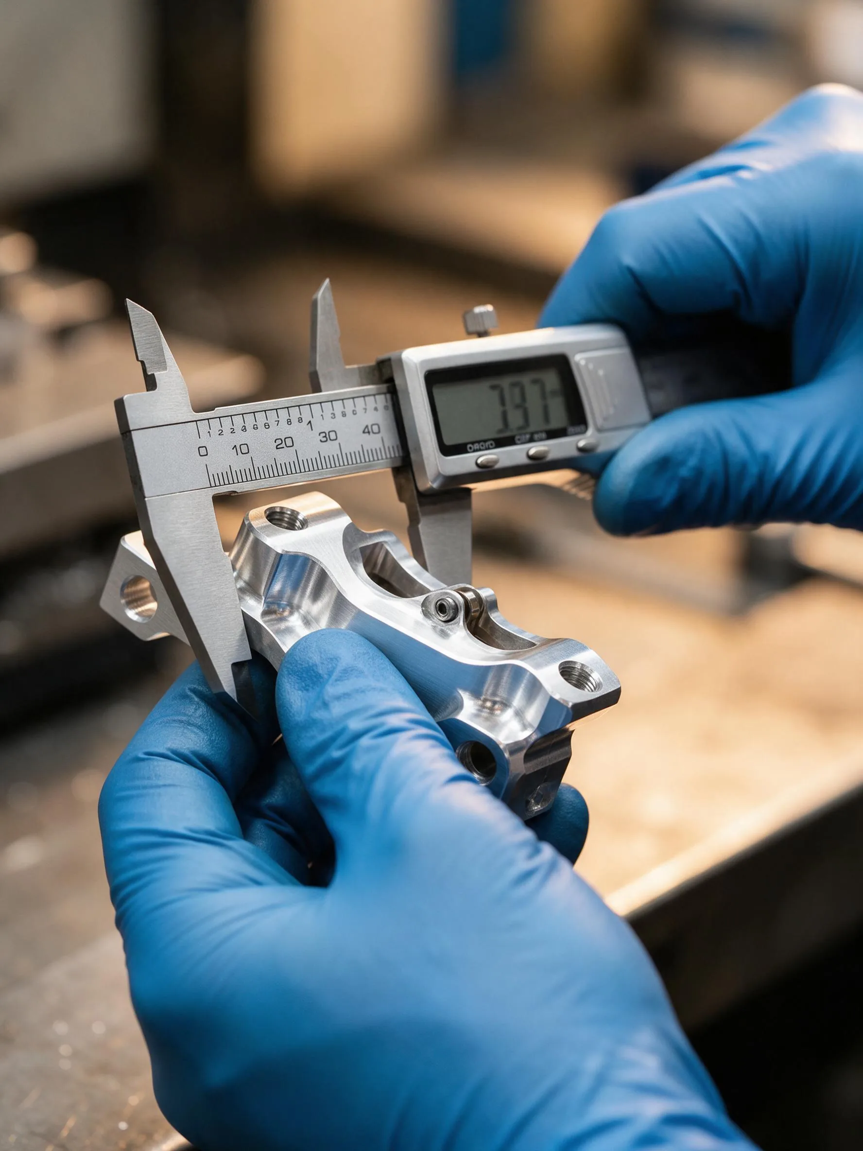 Digital caliper measuring a CNC machined 7075-T6 bicycle brake caliper