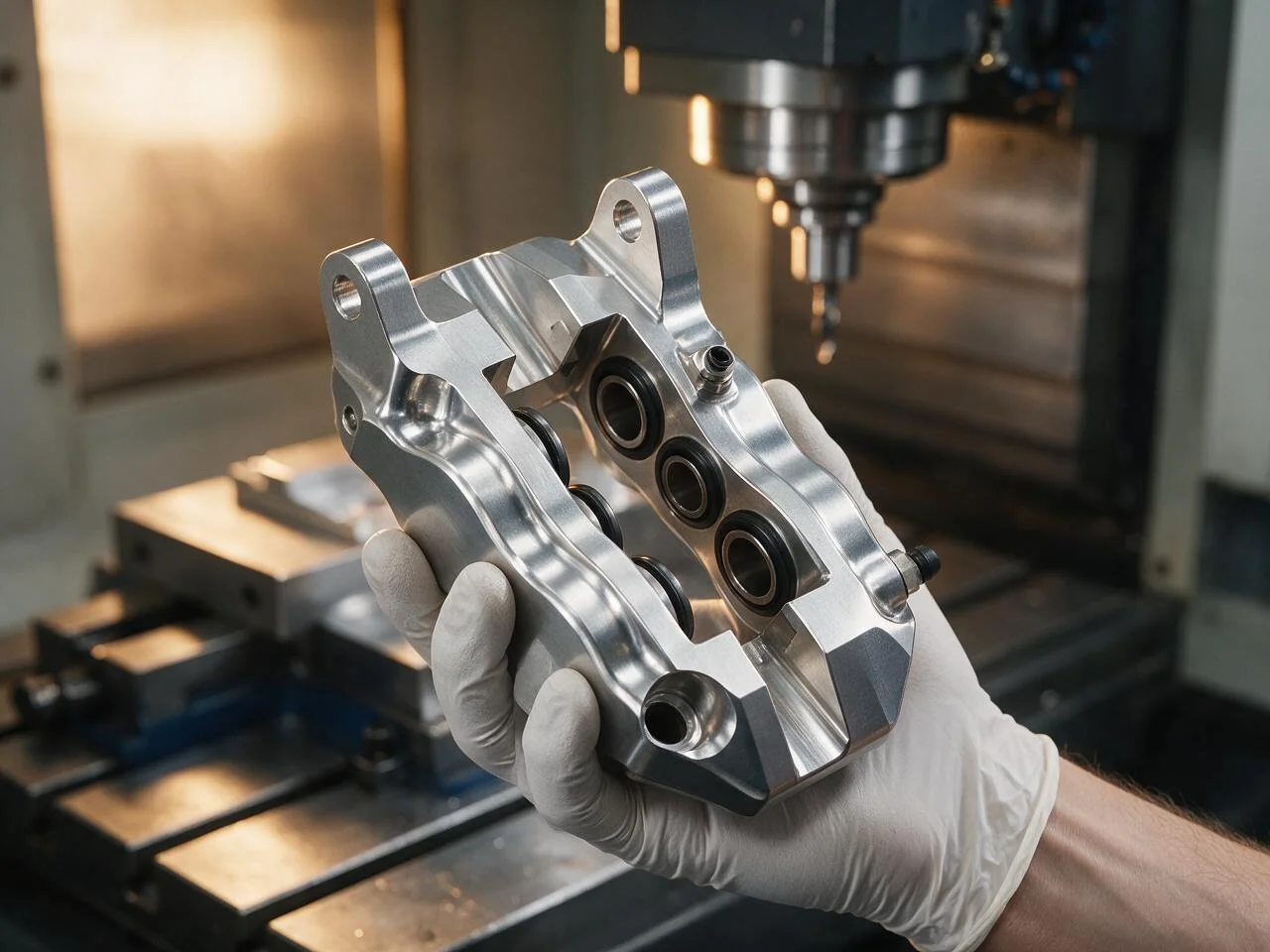 5-axis CNC machining of a bicycle hydraulic brake caliper from 7075-T6 billet