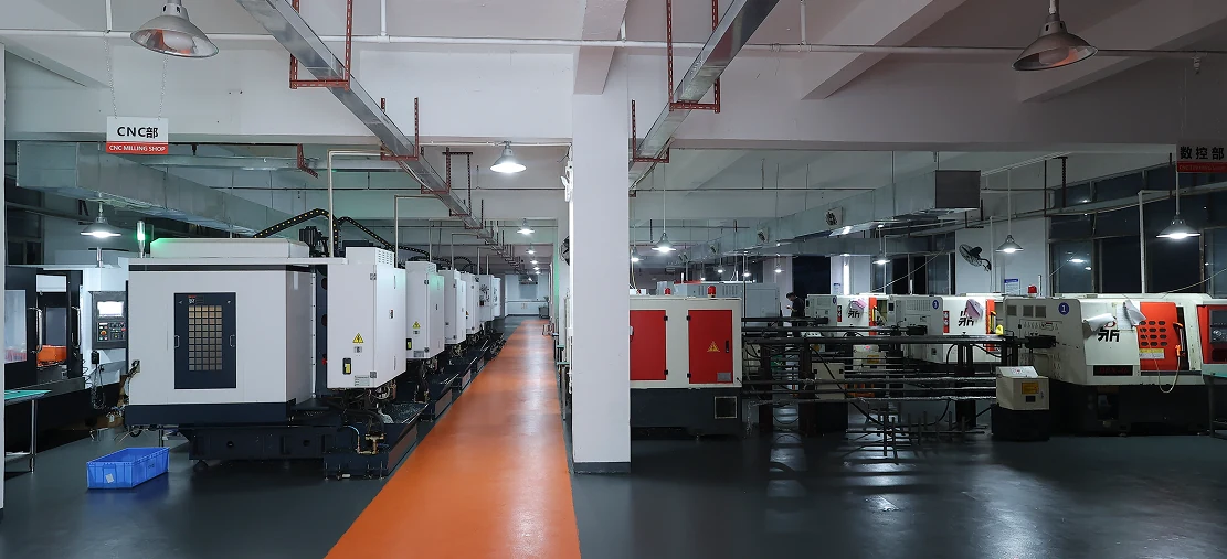 CNC machining workshop with rows of machine tools