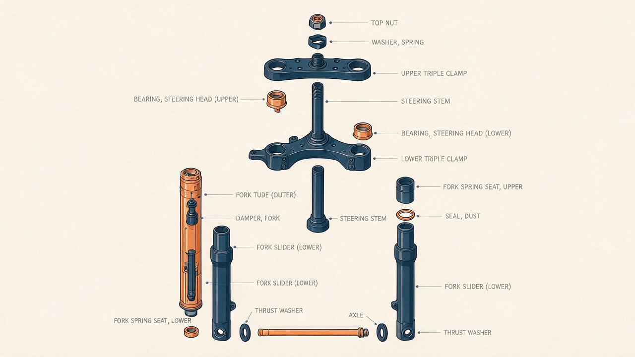 Front suspension components diagram showing motorcycle fork legs, triple clamps, steering stem, axle, and preload adjusters