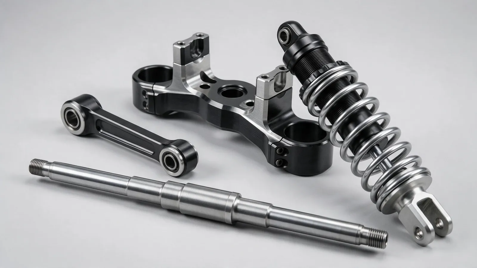 CNC machined motorcycle suspension components: triple clamps, rear linkage, frame mounts, and preload adjusters