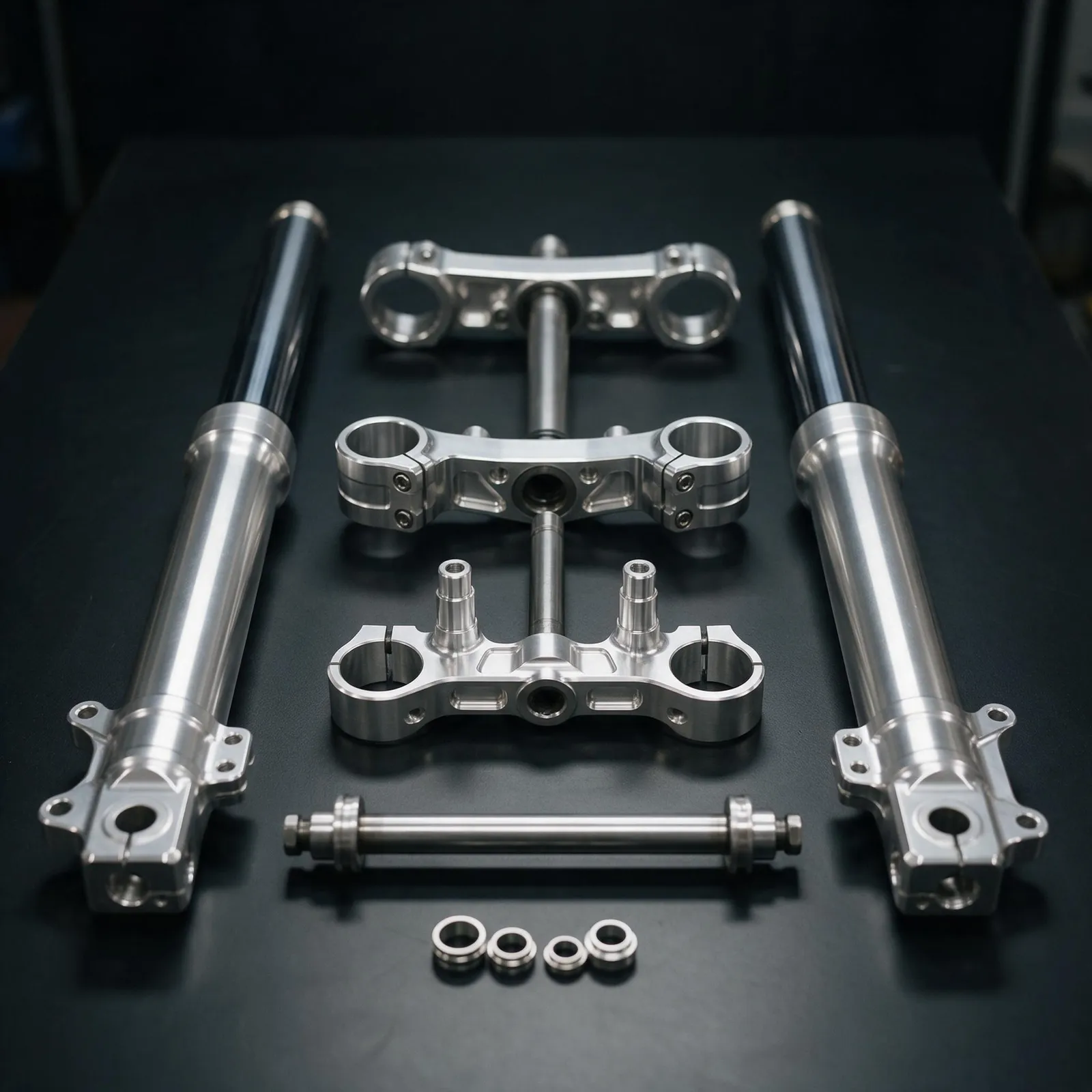Labeled layout of front suspension components on a motorcycle chassis